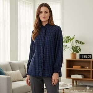 Cabi Blue & Black Check Plaid Aberdeen Long Sleeve Button Shirt Small